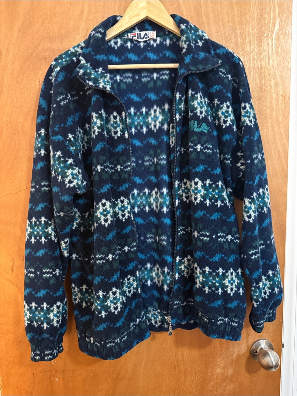 Vintage Fila Navy and Teal Patterned Teddy Jacket